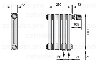 Схема (чертеж) Радиатор Zehnder Charleston 2060/5 №V002 Белый глянцевый RAL 9016